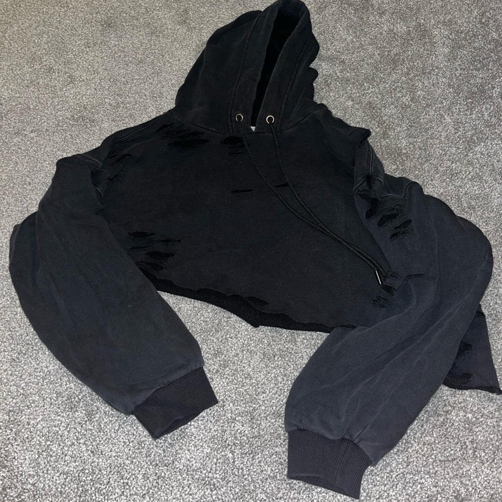 Distressed cropped black hoodie